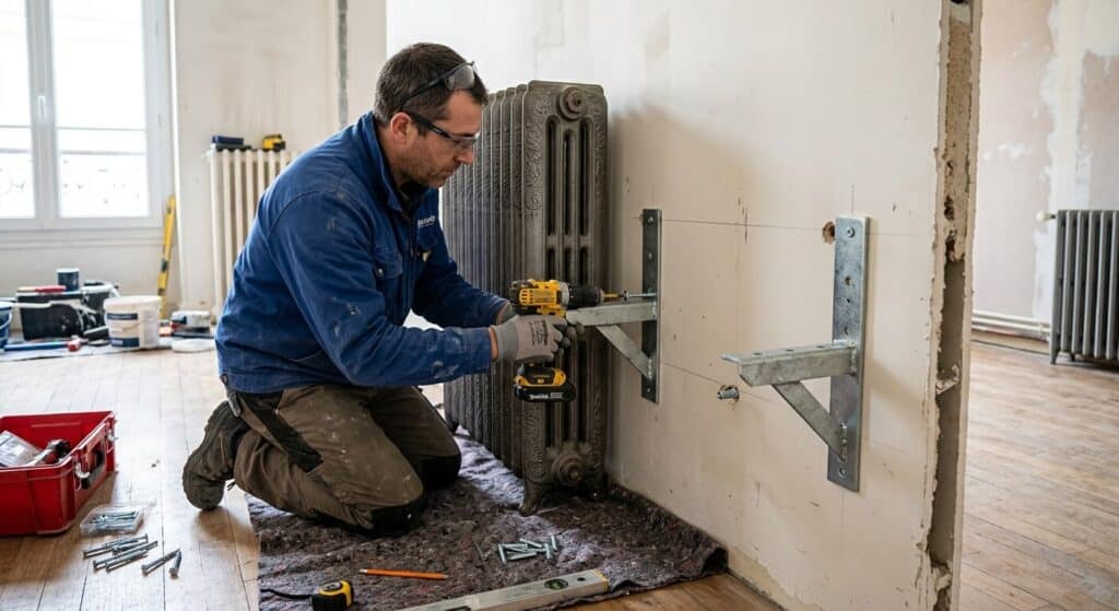 Fixer un radiateur de 40 kg sur du Placo : est-ce possible et comment faire ? 2 Installation des pattes de fixation métalliques d'un radiateur lourd en fonte sur une cloison en plaques de plâtre.