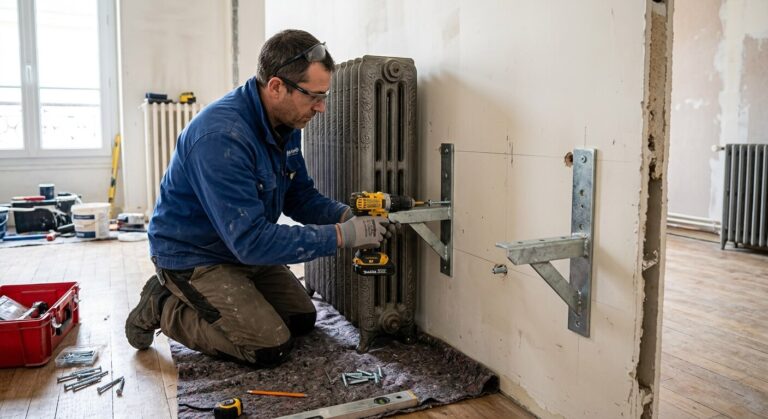 Installation des pattes de fixation métalliques d'un radiateur lourd en fonte sur une cloison en plaques de plâtre.