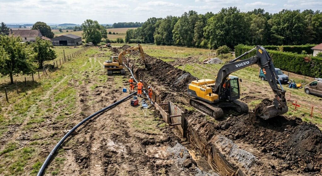 Des pelleteuses creusant une tranchée pour poser une canalisation d'eau ou de gaz sur une parcelle de terrain privé.