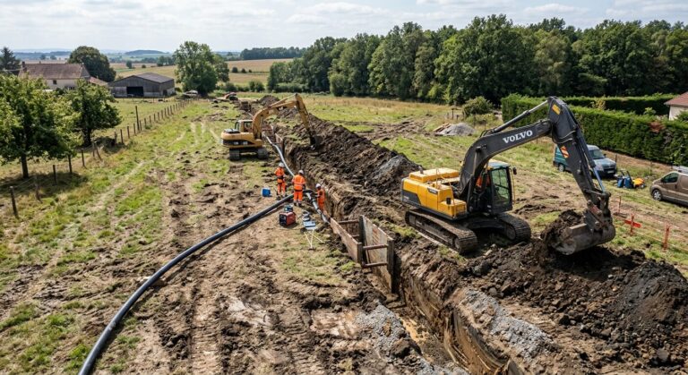 Accueil 1 Des pelleteuses creusant une tranchée pour poser une canalisation d'eau ou de gaz sur une parcelle de terrain privé.