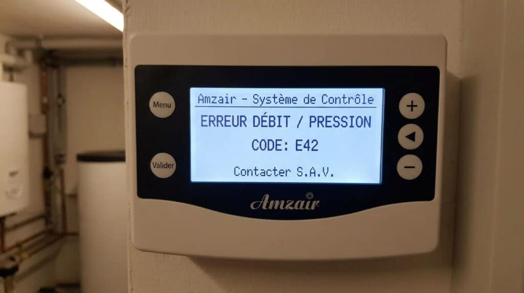 L'écran de contrôle digital d'une pompe à chaleur Amzair affichant un code d'erreur de débit ou de pression.