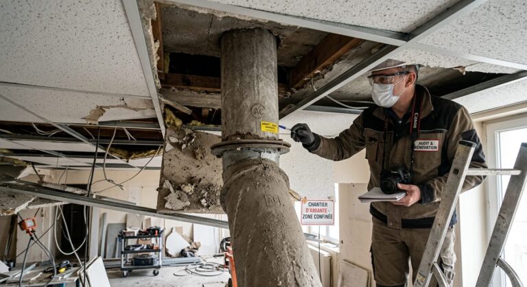 Une gaine technique d'aération ronde en amiante-ciment traversant un faux plafond lors d'un audit de rénovation.