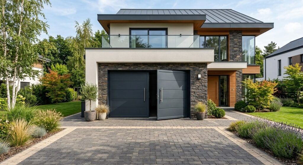 Porte de garage battante : pourquoi la choisir ? 3 Porte de garage battante en aluminium sur une belle maison moderne