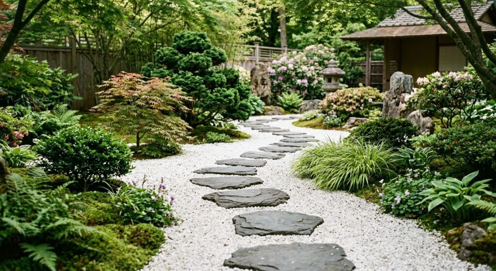 Dalles de pierre naturelle disposées en pas japonais au milieu de graviers blancs et de plantes japonaises.