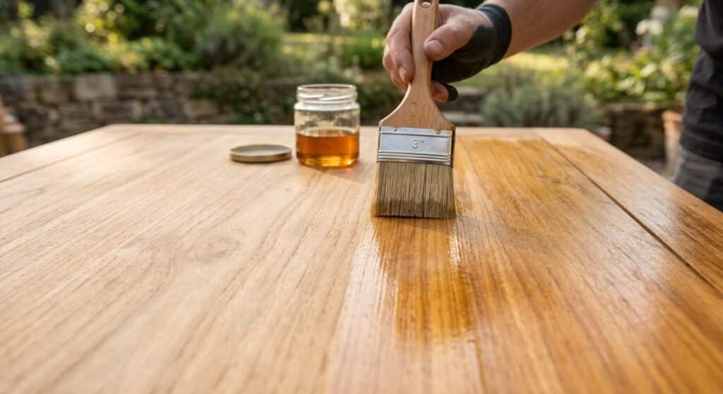 Application fine et uniforme d'une huile de teck à l'aide d'un pinceau plat dans le sens du fil du bois sur une table propre et sèche.