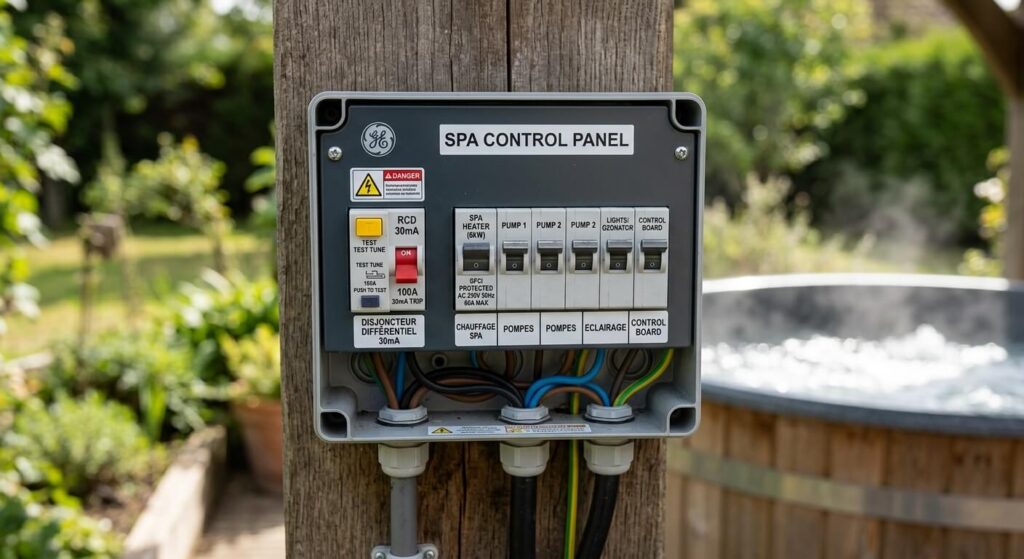 Gros plan sur le panneau de contrôle et le disjoncteur différentiel protégeant l'installation électrique d'un spa.