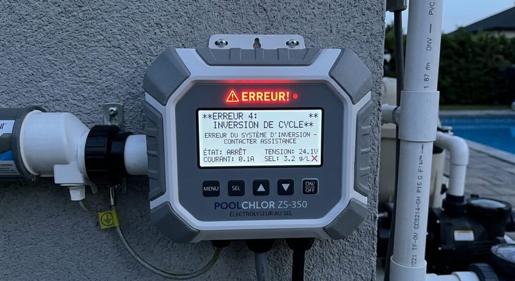 Écran de contrôle d'un électrolyseur au sel affichant un voyant d'erreur ou d'inversion de cycle.