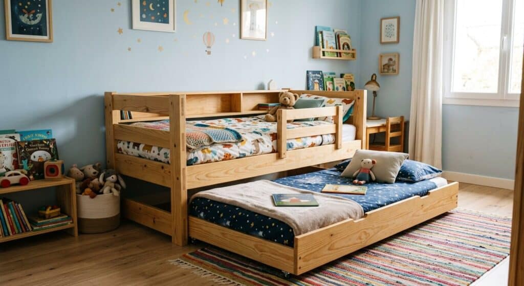 Fabriquer un lit gigogne soi-même : guide étape par étape 3 Un lit gigogne fait maison installé dans une petite chambre d'enfant, avec le second couchage sorti.