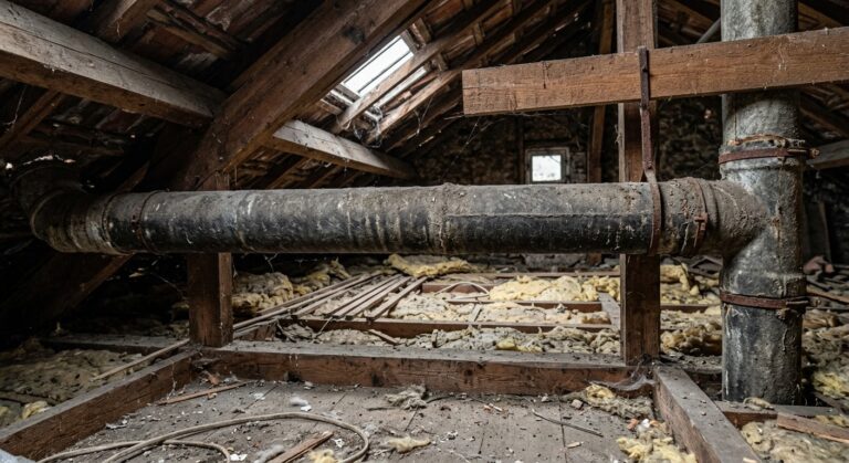 Un ancien conduit d'évacuation rond en fibro-ciment visible dans les combles d'une maison.