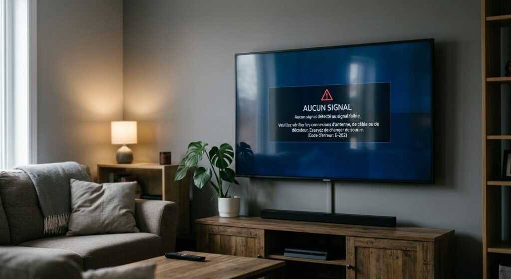 Écran de télévision affichant un message d'erreur d'absence de signal ou de signal faible.