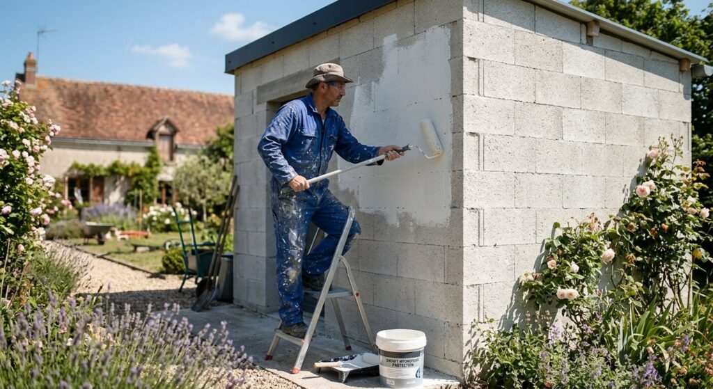 Abri de jardin en béton cellulaire : avantages, pose et finitions 3 Application d'un enduit de protection hydrofuge sur les murs en béton cellulaire d'une petite dépendance.