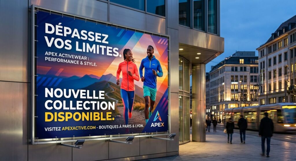 Une affiche publicitaire grand format imprimée en haute définition avec des couleurs vives et un rendu professionnel.