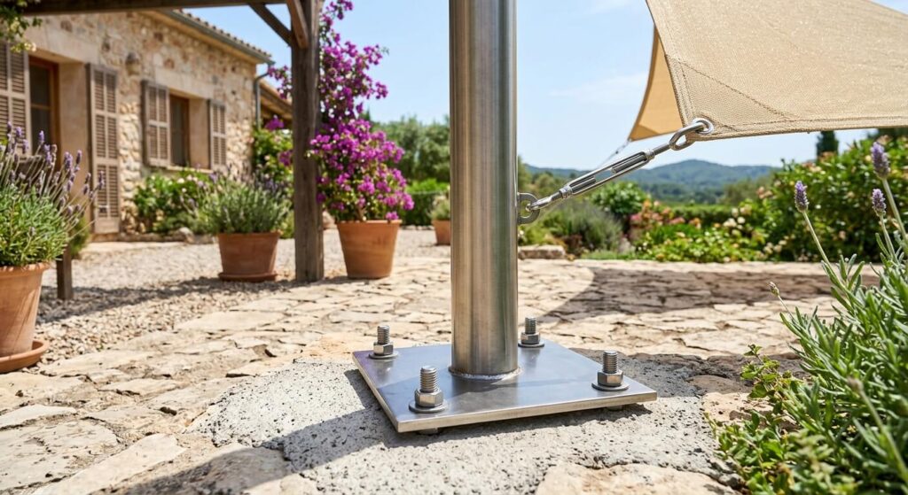 Fixation au sol d'un mât en acier avec platine pour ancrer solidement une voile d'ombrage sur une terrasse.