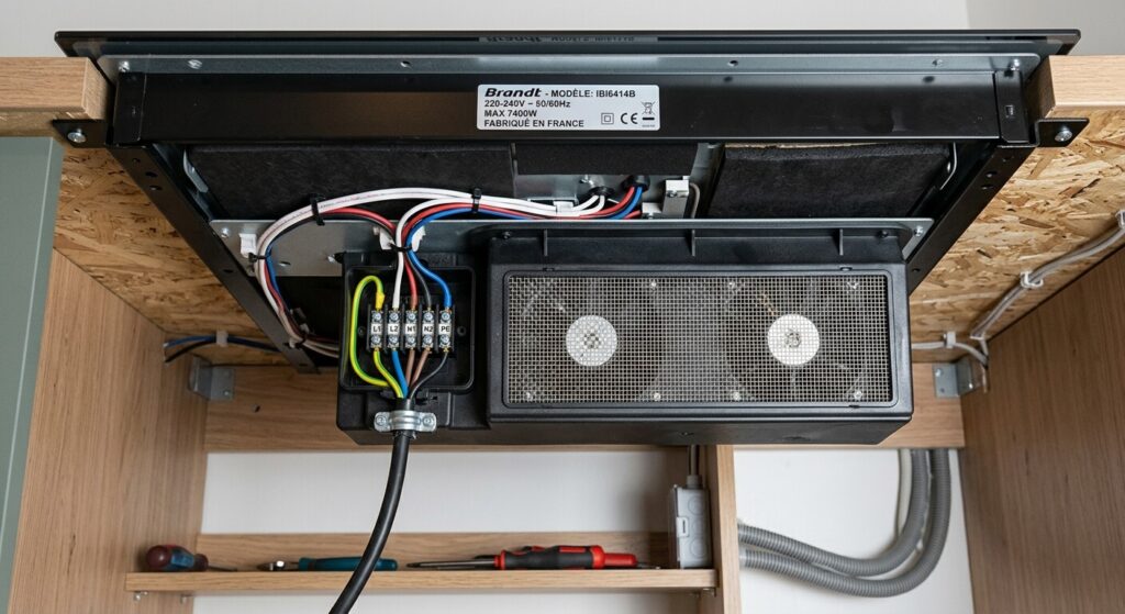 Vue arrière des connexions électriques et de la grille de ventilation de sécurité sous une table de cuisson.