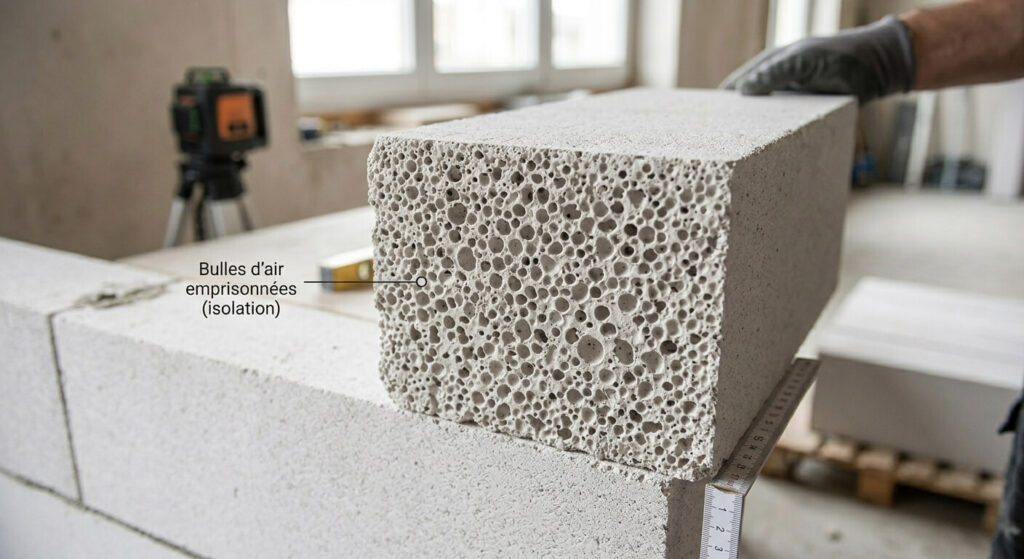 Les performances d'une isolation en béton cellulaire de 10 cm 3 Coupe d'un bloc de béton cellulaire montrant les bulles d'air emprisonnées qui font l'isolation.