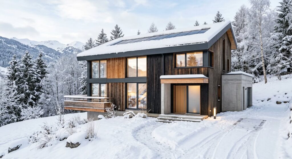 Quadruple vitrage : performances, prix et intérêt pour votre maison 4 Une maison d'architecte contemporaine passive à très haute performance énergétique sous la neige.
