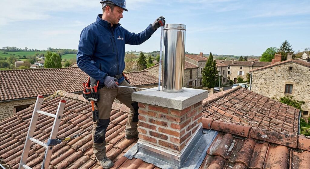 Un installateur chauffagiste vérifiant la hauteur d'évacuation d'un tubage de fumée en sortie de souche de toit.