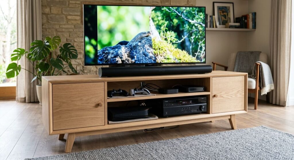 Un meuble de télévision robuste en bois massif de style scandinave accueillant des équipements électroniques.