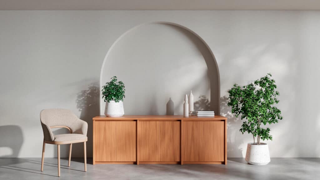 Un buffet en bois bien proportionné installé le long du mur d'une salle à manger.