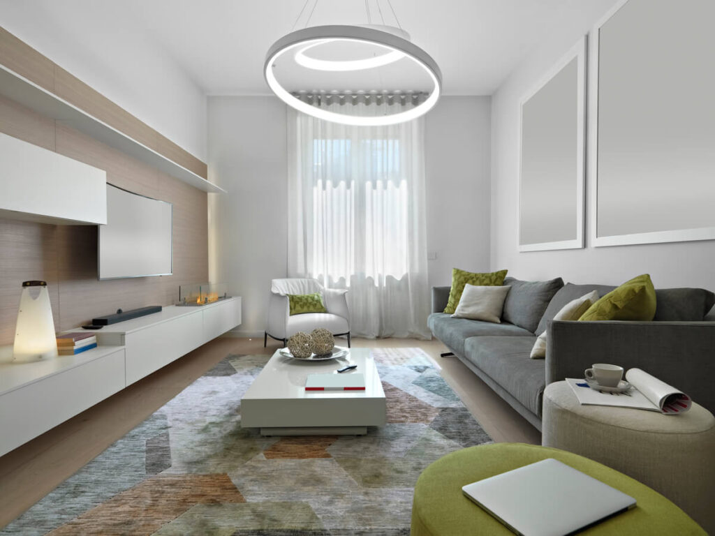 Un grand salon moderne baigné d'une lumière éclatante et homogène grâce à un plafonnier LED design fixé au centre.