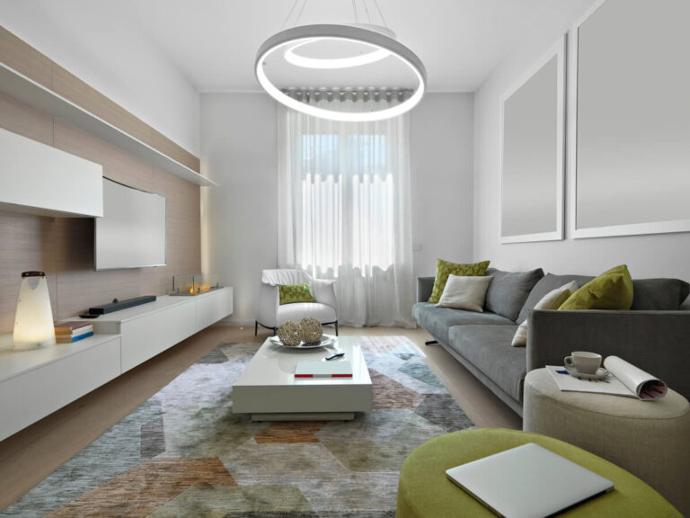 Accueil 2 Un grand salon moderne baigné d'une lumière éclatante et homogène grâce à un plafonnier LED design fixé au centre.
