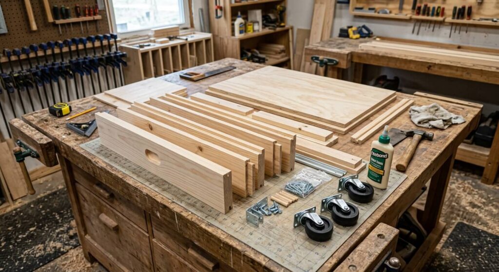 Fabriquer un lit gigogne soi-même : guide étape par étape 2 Les pièces en bois de pin découpées et prêtes pour l'assemblage du tiroir de lit gigogne à roulettes.