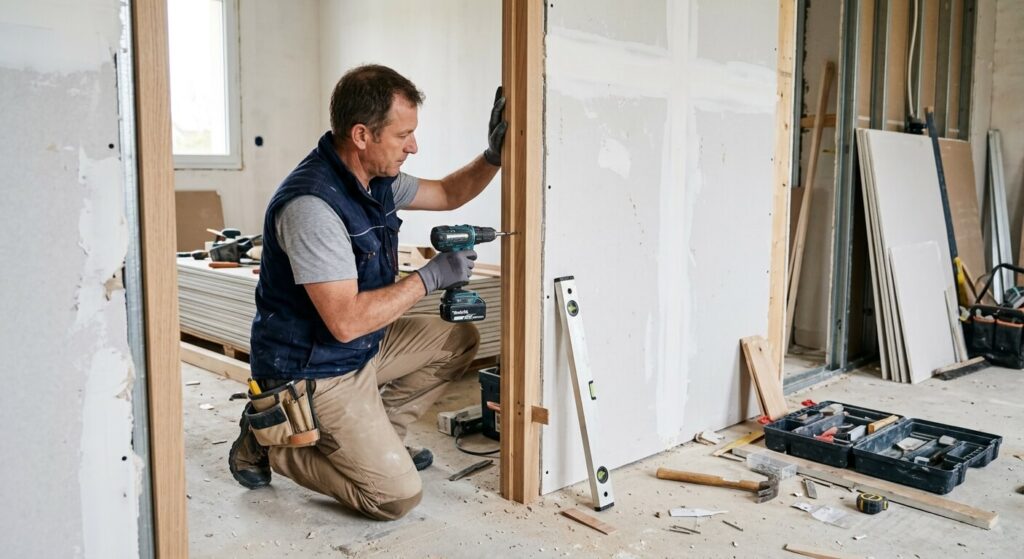 Un menuisier installant le cadre d'un bloc-porte neuf dans une cloison en plaques de plâtre.