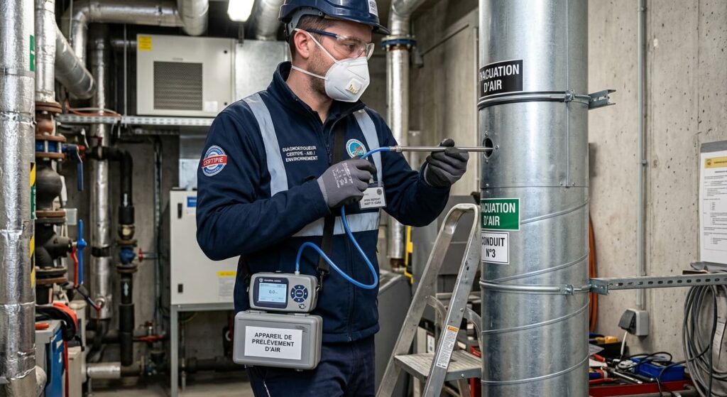 Un diagnostiqueur certifié effectuant un prélèvement d'échantillon sur un conduit d'évacuation d'air.