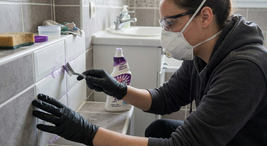 Cillit Bang anti-moisissures : les dangers réels et précautions indispensables 3 Personne portant des gants de protection noirs et un masque respiratoire pour nettoyer des joints de salle de bain.