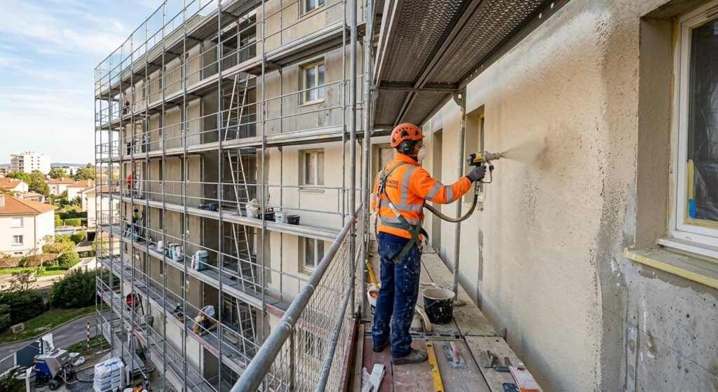 Un artisan façadier professionnel réalisant un enduit projeté sur un grand échafaudage de sécurité.
