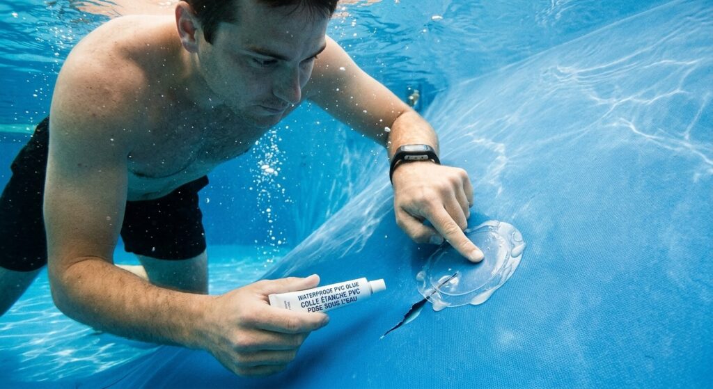 Pose d'une rustine de PVC transparent sous l'eau à l'aide d'une colle étanche sur un liner.