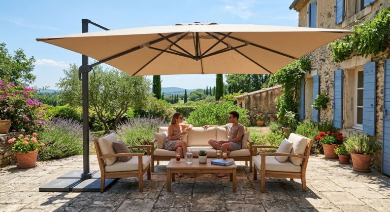 Un grand parasol déporté installé au-dessus d'un salon de jardin en teck pour le protéger des rayons UV du soleil entre 11h et 16h.