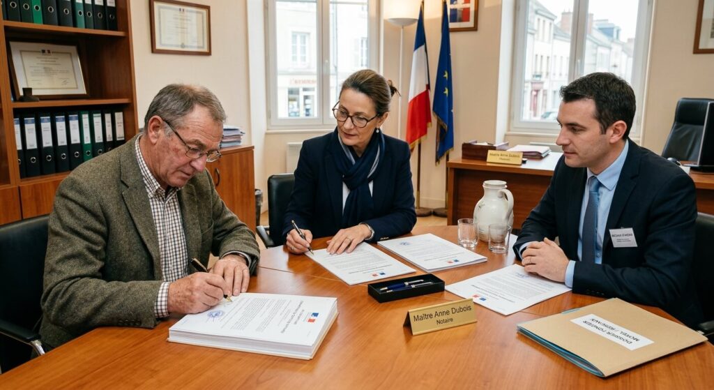 Signature d'une convention de servitude notariée entre un propriétaire foncier et un opérateur de réseau.