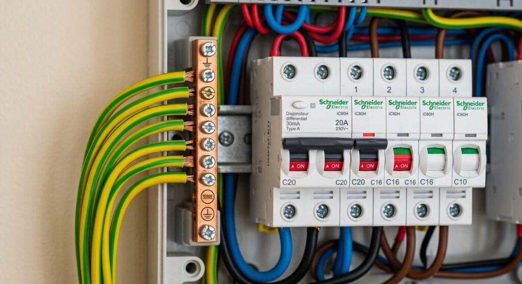 Gros plan sur les bornes de raccordement de terre et les disjoncteurs d'un tableau électrique domestique.