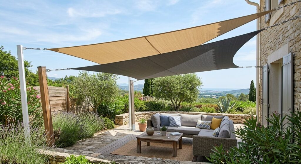 Deux voiles d'ombrage triangulaires sur mesure superposées pour protéger un salon de jardin du soleil.