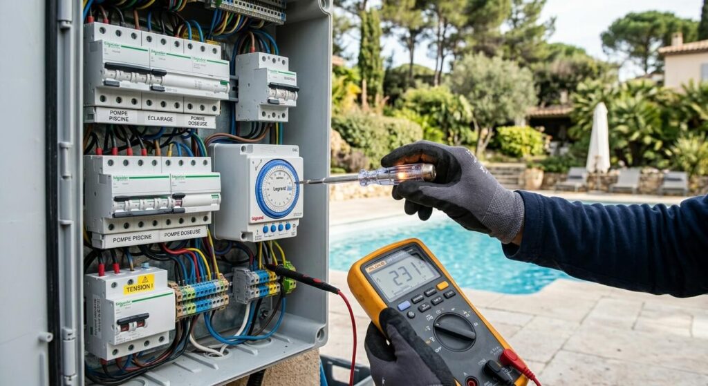 Utilisation d'un tournevis testeur et d'un multimètre pour vérifier l'alimentation d'un programmateur de filtration.