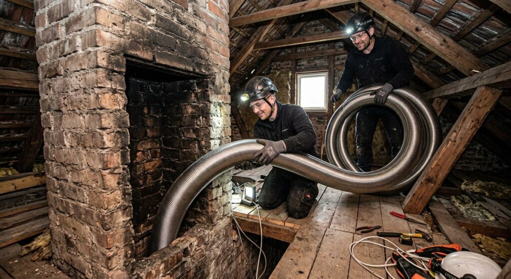 Conduit en fibro-ciment : risques, repérage et réglementation amiante 3 Installation d'un tube flexible en inox à l'intérieur d'un ancien conduit pour sécuriser l'évacuation des fumées.