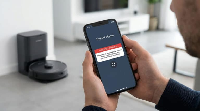 Accueil 1 Un utilisateur tenant un smartphone affichant un écran d'erreur de connexion sur l'interface Amibot Home.