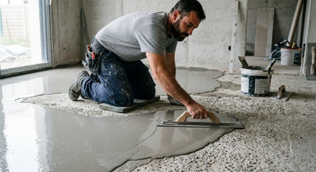 Un maçon étalant un enduit de lissage fluide sur un sol en ciment à l'aide d'une grande lisseuse en inox.