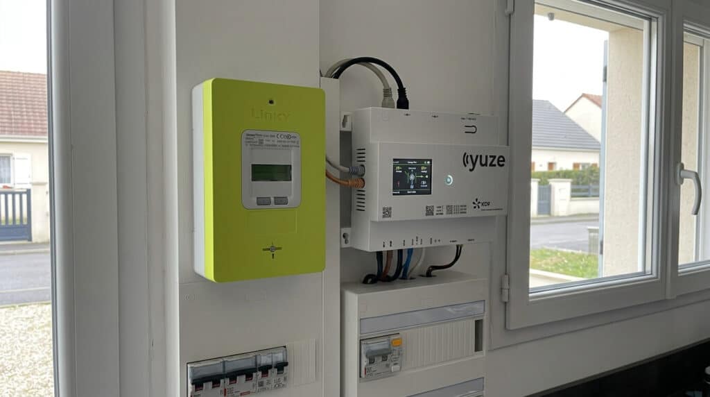Le boîtier de gestion d'énergie Yuze fixé à côté du compteur électrique d'un logement.