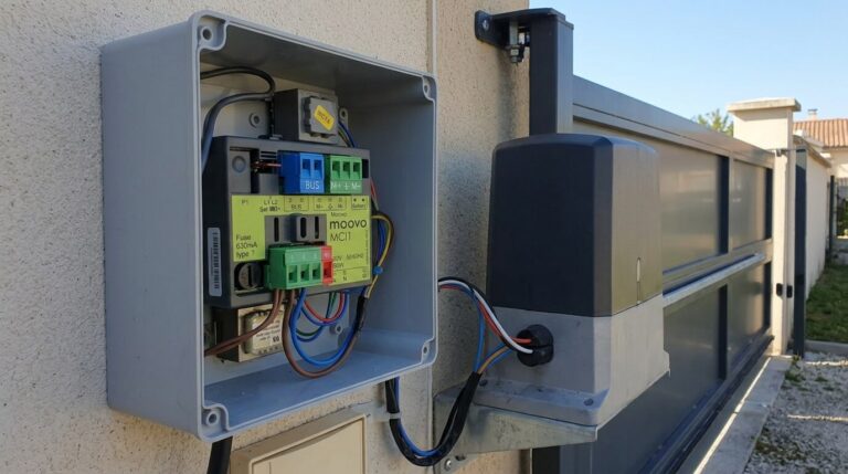 La carte logique de commande Moovo MCI1 installée dans son boîtier d'automatisme.
