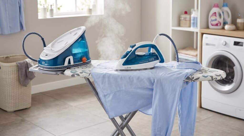 Une centrale vapeur Calor Effectis posée sur une table à repasser avec un vêtement.