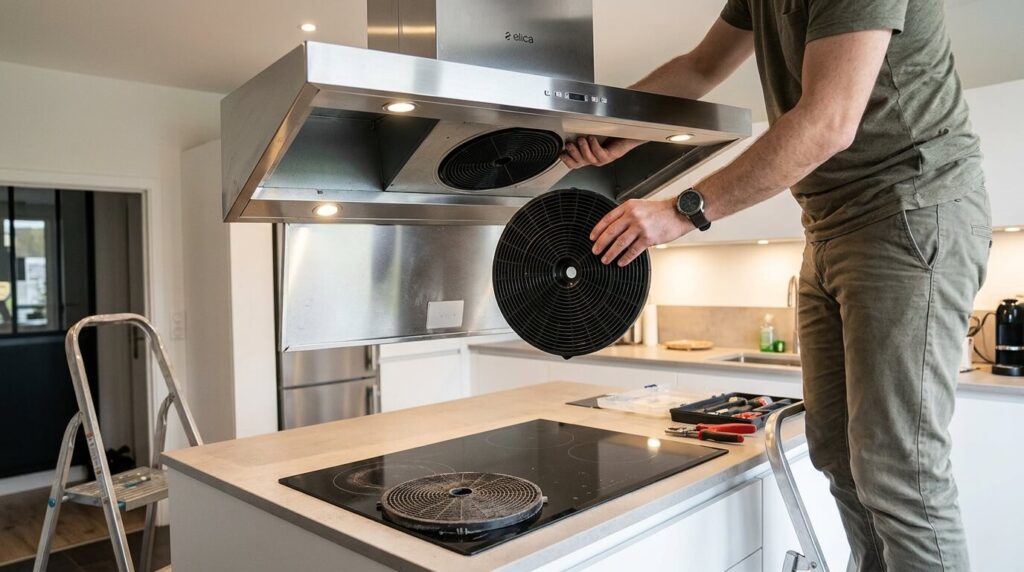 Une personne remplaçant le filtre à charbon actif noir à l'intérieur d'une hotte de cuisine.