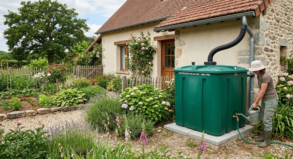 Réparer une cuve en plastique fendue ou percée : techniques efficaces 4 Une cuve de récupération d'eau de pluie de 1000 litres installée dans un jardin.