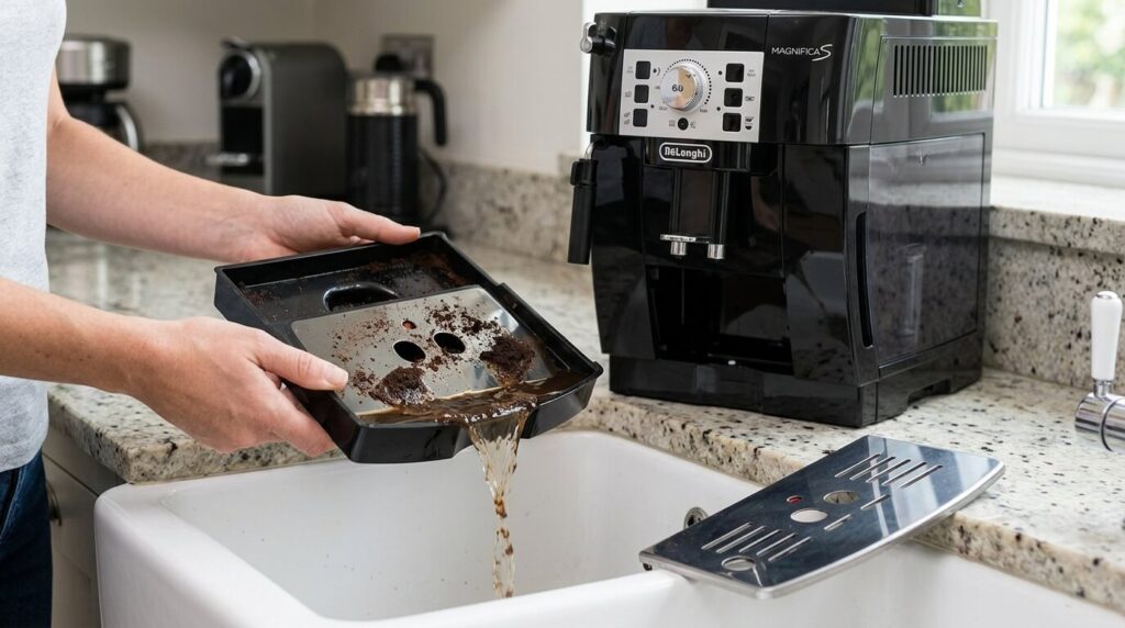 Le bac de récupération d'eau inférieur d'une machine à café Delonghi Magnifica S retiré pour être vidé.