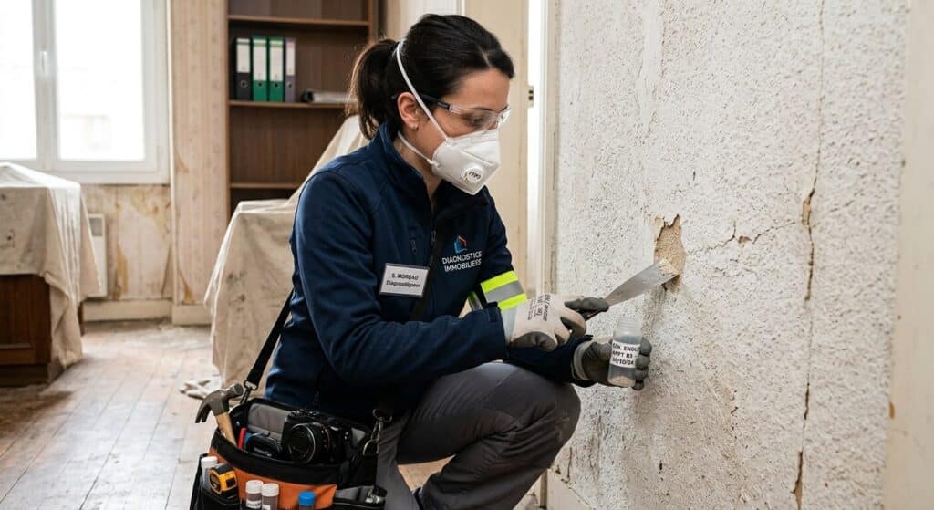 Un diagnostiqueur immobilier équipé d'un masque de protection prélevant un échantillon d'enduit sur un mur.