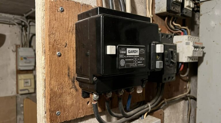 Accueil 1 Le boîtier noir d'un disjoncteur général de branchement Gardy DB90 fixé sur un panneau en bois.
