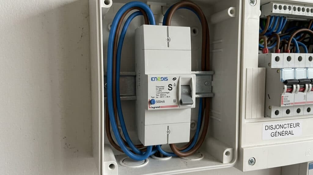 Un disjoncteur général de branchement Enedis estampillé de la lettre S installé dans un coffret de maison.