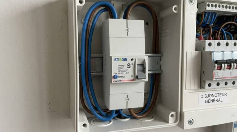 Un disjoncteur général de branchement Enedis estampillé de la lettre S installé dans un coffret de maison.