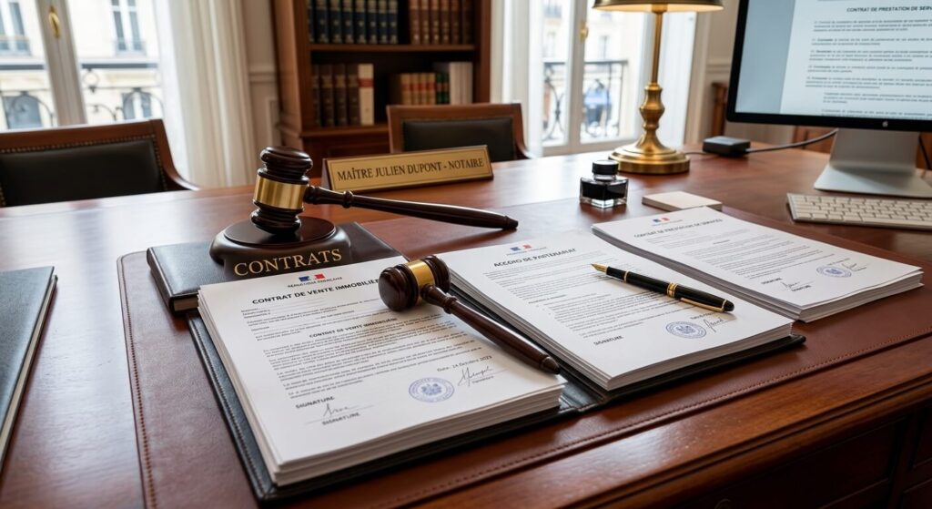 Des documents contractuels et un marteau de justice posés sur un bureau.